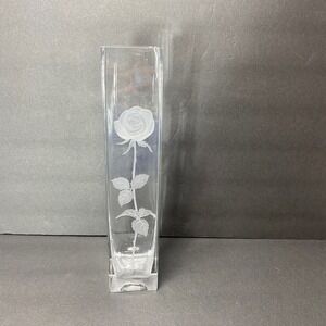 Mikasa Type Endless Love Clear Crystal Glass Square Vase Etched Rose Valentine